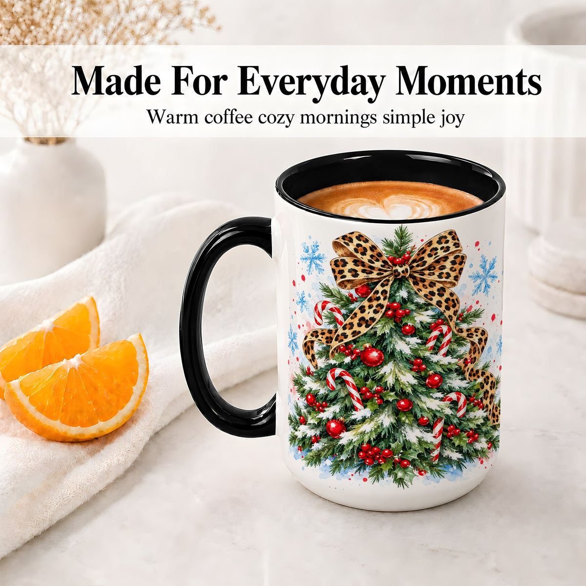 #pl[15oz|Black] Leopard Print Christmas Tree Accent Mug, Ceramic Holiday Cup