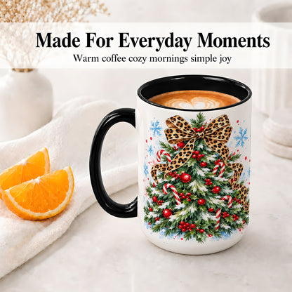 #pl[15oz|Black] Leopard Print Christmas Tree Accent Mug, Ceramic Holiday Cup