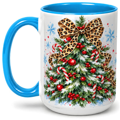 #pl[15oz|Blue] Leopard Print Christmas Tree Accent Mug, Ceramic Holiday Cup