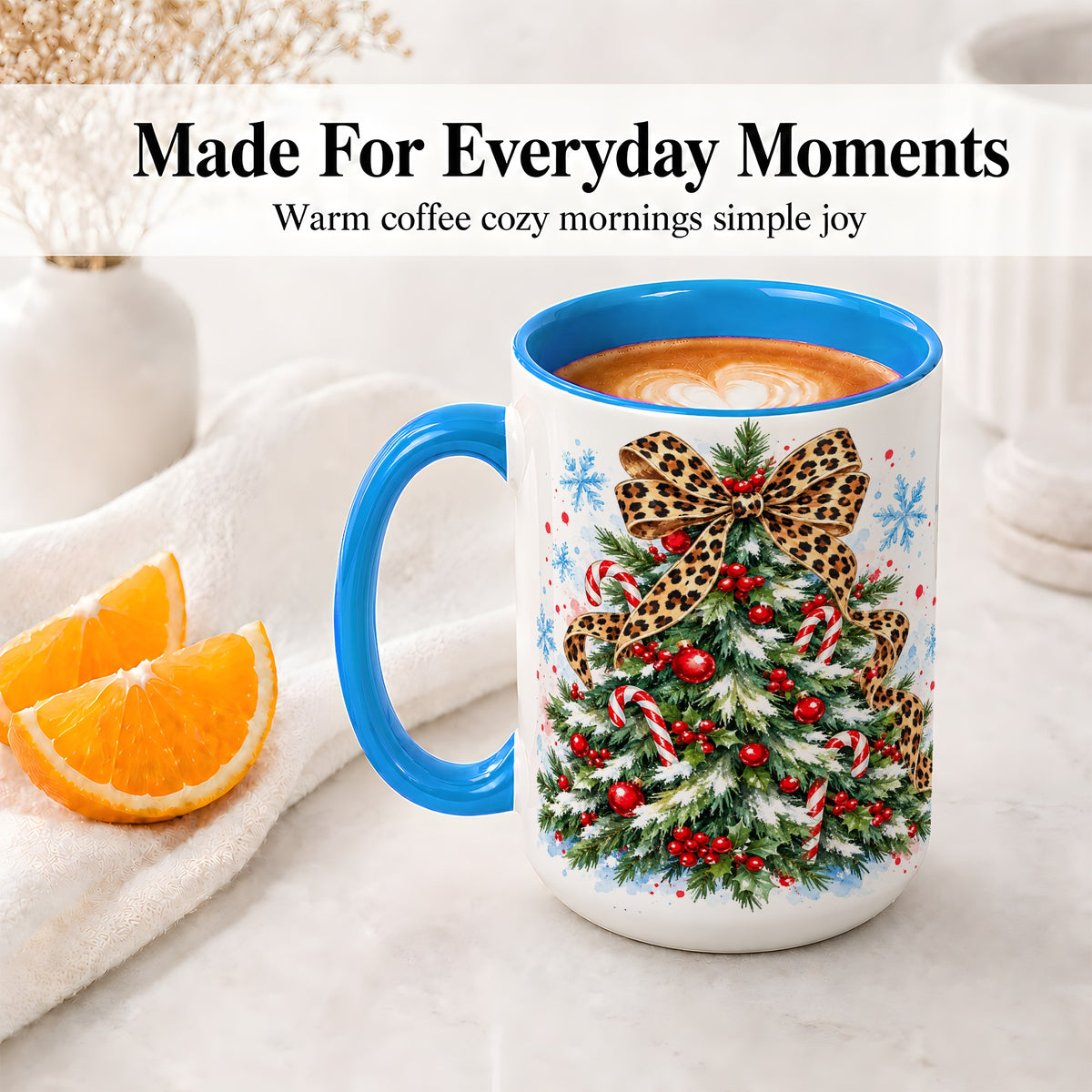 #pl[15oz|Blue] Leopard Print Christmas Tree Accent Mug, Ceramic Holiday Cup