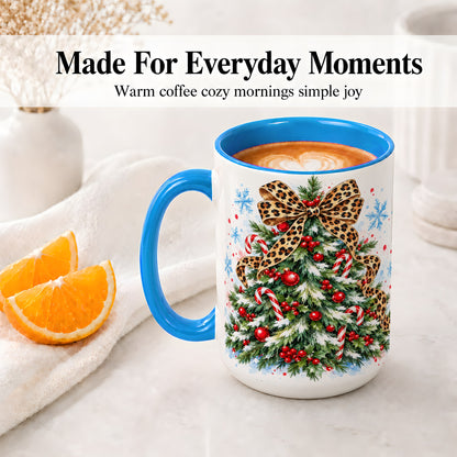 #pl[15oz|Blue] Leopard Print Christmas Tree Accent Mug, Ceramic Holiday Cup