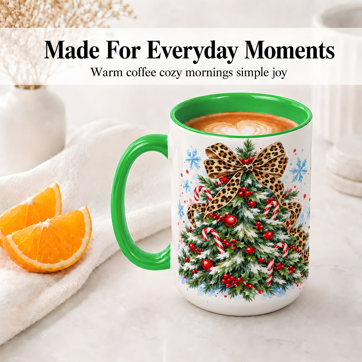 #pl[15oz|Green] Leopard Print Christmas Tree Accent Mug, Ceramic Holiday Cup