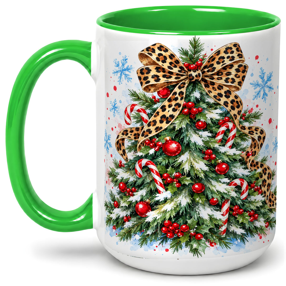#pl[15oz|Green] Leopard Print Christmas Tree Accent Mug, Ceramic Holiday Cup