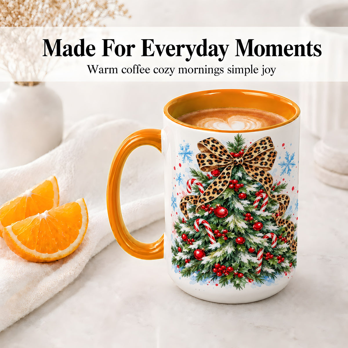 #pl[15oz|Orange] Leopard Print Christmas Tree Accent Mug, Ceramic Holiday Cup