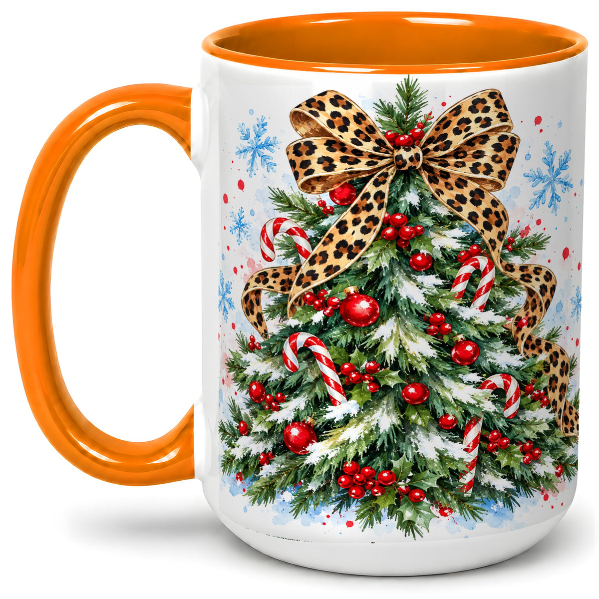 #pl[15oz|Orange] Leopard Print Christmas Tree Accent Mug, Ceramic Holiday Cup