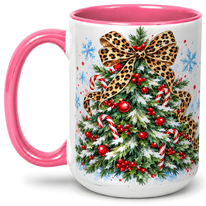 #pl[15oz|Pink] Leopard Print Christmas Tree Accent Mug, Ceramic Holiday Cup