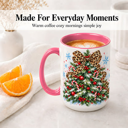 #pl[15oz|Pink] Leopard Print Christmas Tree Accent Mug, Ceramic Holiday Cup