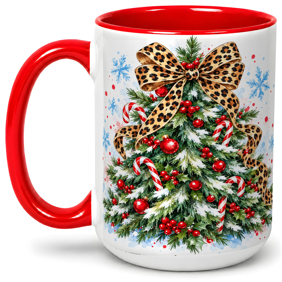 #pl[15oz|Red] Leopard Print Christmas Tree Accent Mug, Ceramic Holiday Cup