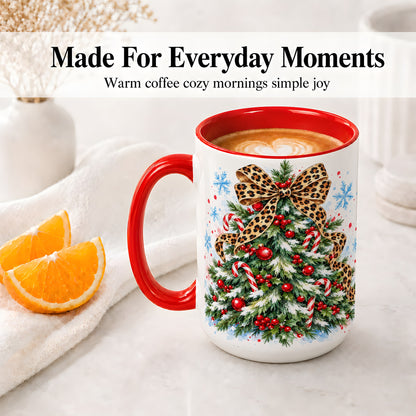 #pl[15oz|Red] Leopard Print Christmas Tree Accent Mug, Ceramic Holiday Cup