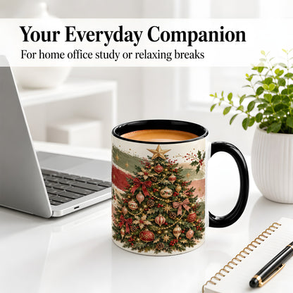 #pl[11oz|Black] Vintage Christmas Tree Accent Mug, Ceramic Rustic Holiday Cup