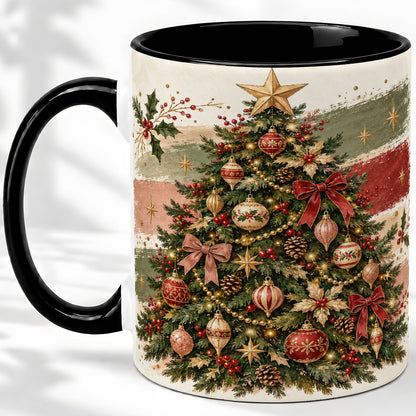 #pl[11oz|Black] Vintage Christmas Tree Accent Mug, Ceramic Rustic Holiday Cup