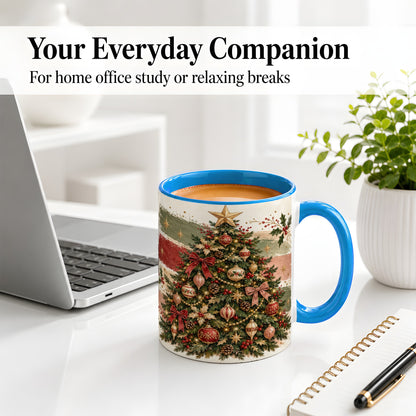 #pl[11oz|Blue] Vintage Christmas Tree Accent Mug, Ceramic Rustic Holiday Cup