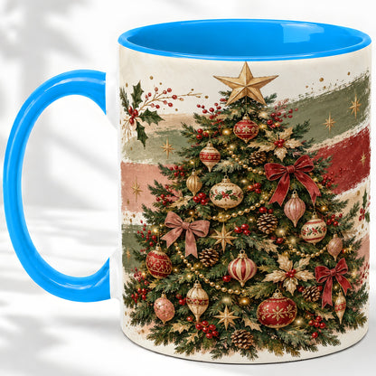 #pl[11oz|Blue] Vintage Christmas Tree Accent Mug, Ceramic Rustic Holiday Cup