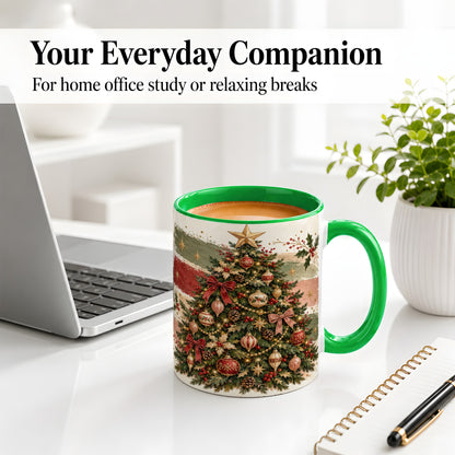 #pl[11oz|Green] Vintage Christmas Tree Accent Mug, Ceramic Rustic Holiday Cup