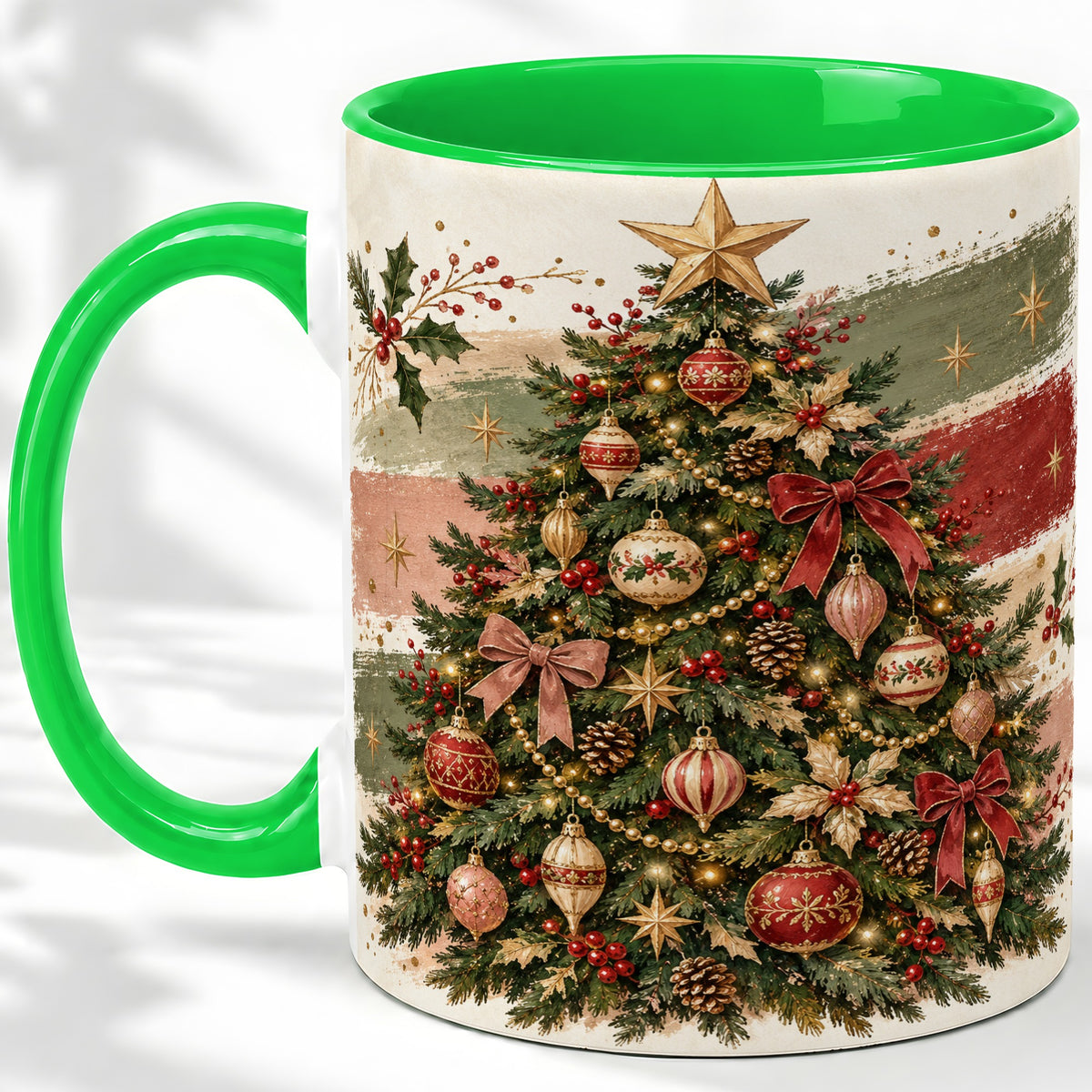 #pl[11oz|Green] Vintage Christmas Tree Accent Mug, Ceramic Rustic Holiday Cup