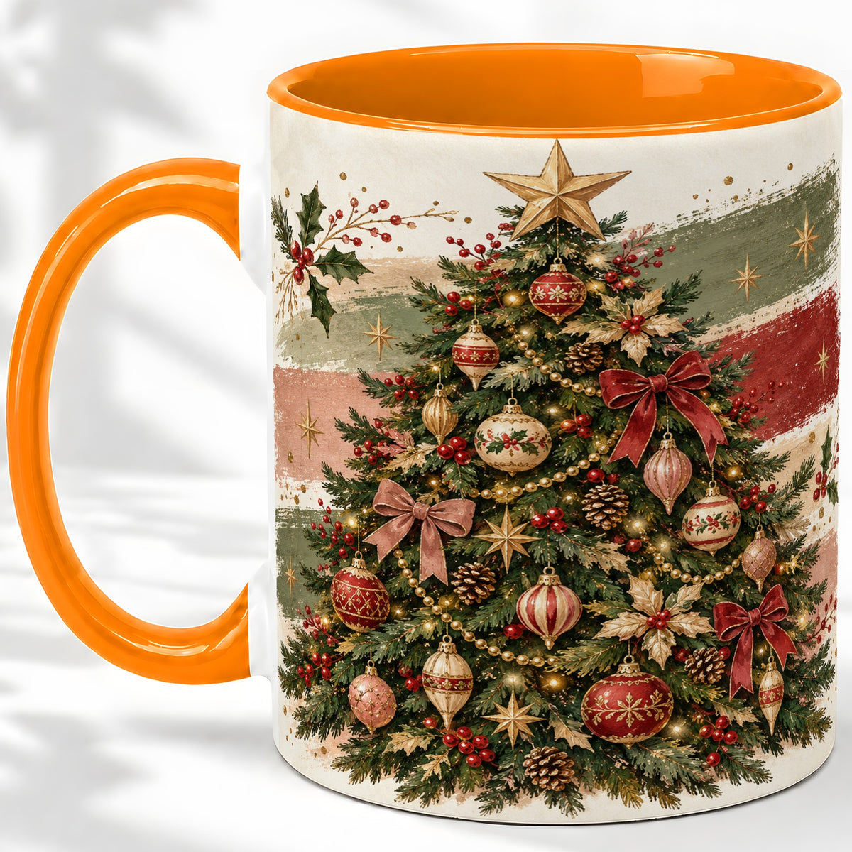 #pl[11oz|Orange] Vintage Christmas Tree Accent Mug, Ceramic Rustic Holiday Cup