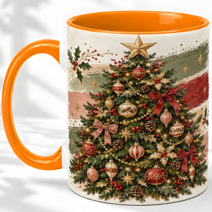 #pl[11oz|Orange] Vintage Christmas Tree Accent Mug, Ceramic Rustic Holiday Cup