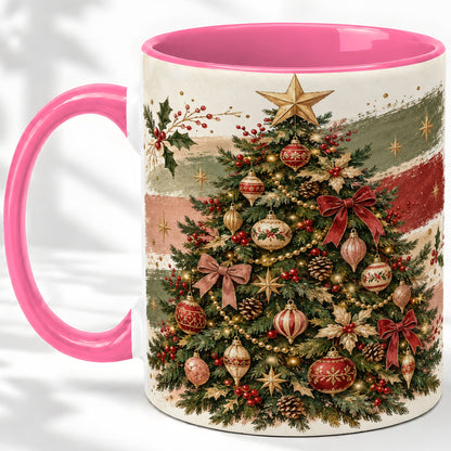 #pl[11oz|Pink] Vintage Christmas Tree Accent Mug, Ceramic Rustic Holiday Cup