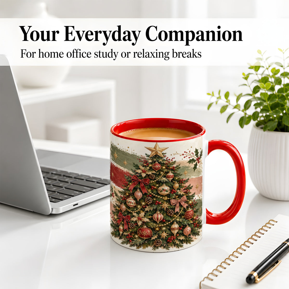 #pl[11oz|Red] Vintage Christmas Tree Accent Mug, Ceramic Rustic Holiday Cup