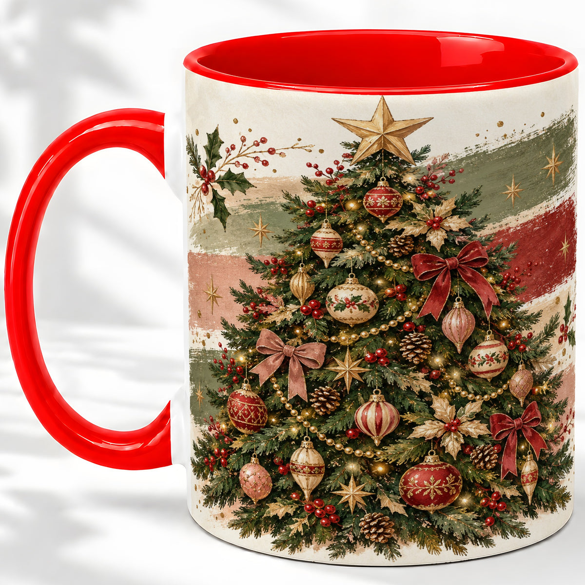 Vintage Christmas Tree Accent Mug, Ceramic Rustic Holiday Cup