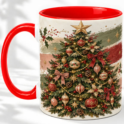 Vintage Christmas Tree Accent Mug, Ceramic Rustic Holiday Cup