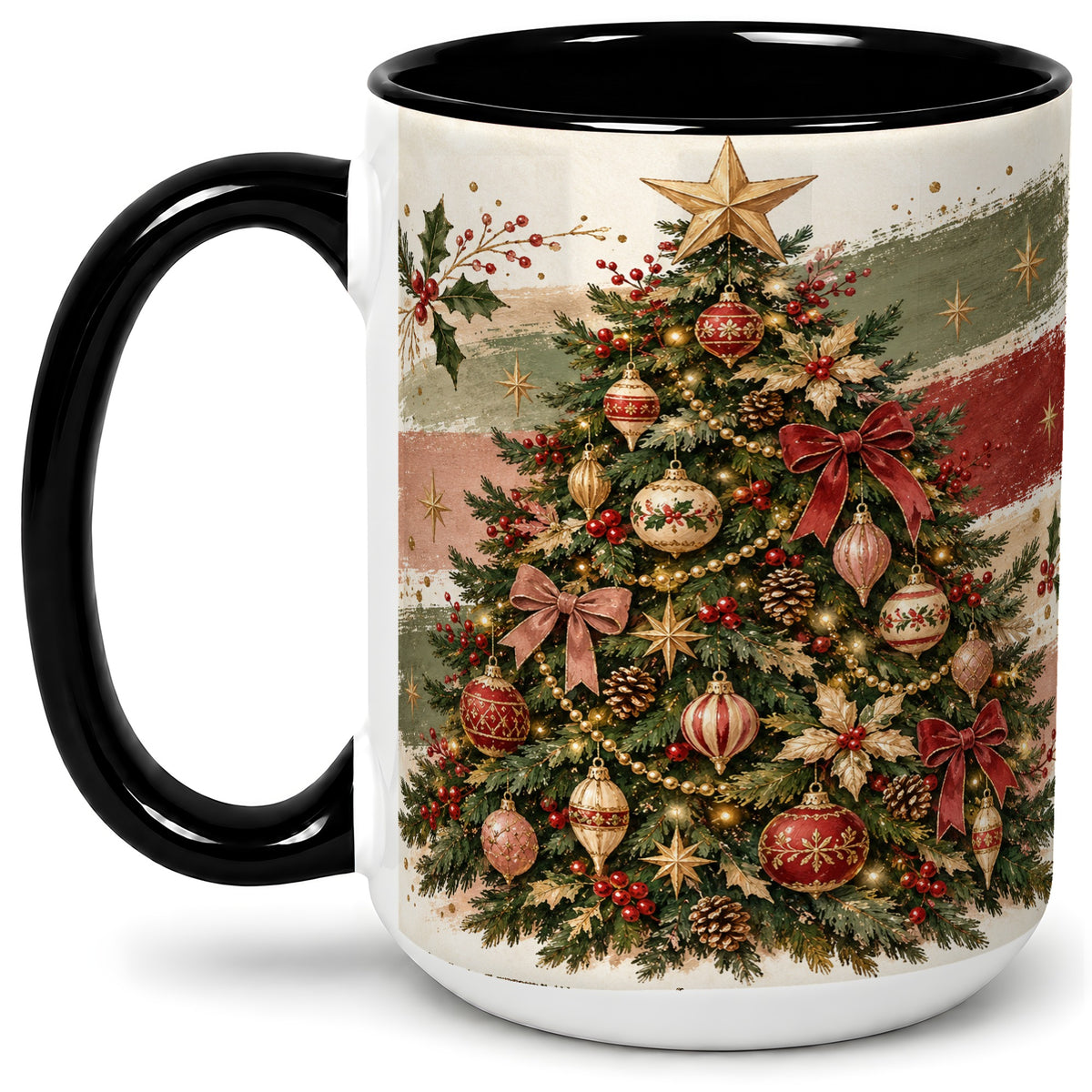 #pl[15oz|Black] Vintage Christmas Tree Accent Mug, Ceramic Rustic Holiday Cup