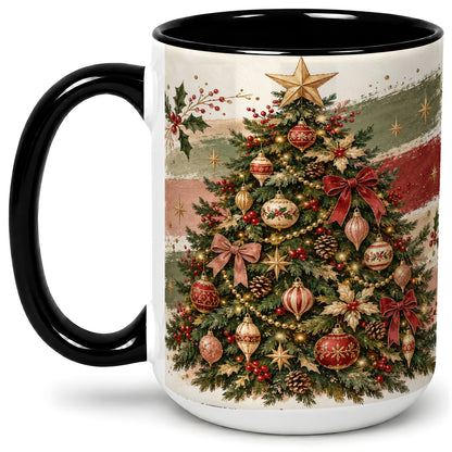 #pl[15oz|Black] Vintage Christmas Tree Accent Mug, Ceramic Rustic Holiday Cup