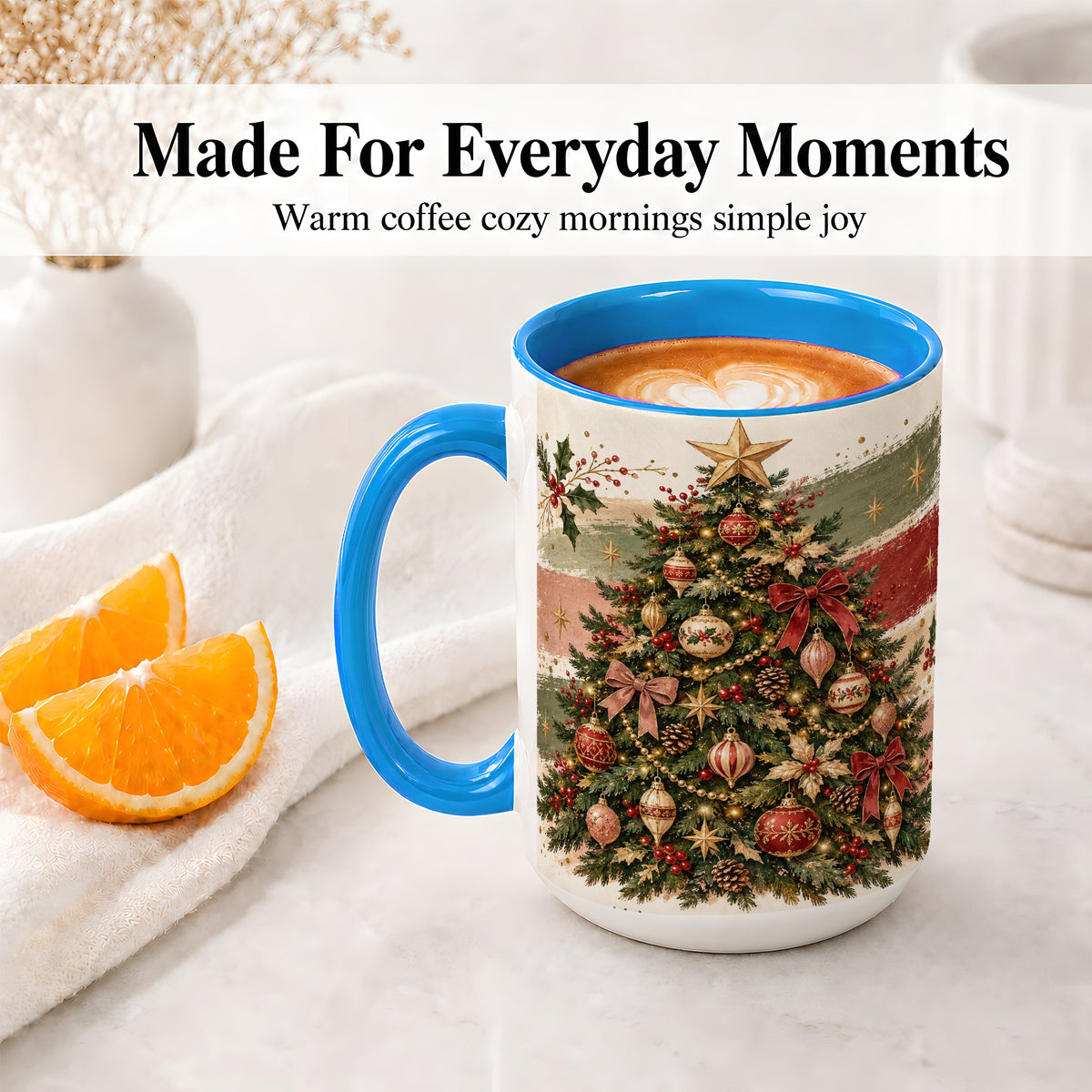 #pl[15oz|Blue] Vintage Christmas Tree Accent Mug, Ceramic Rustic Holiday Cup