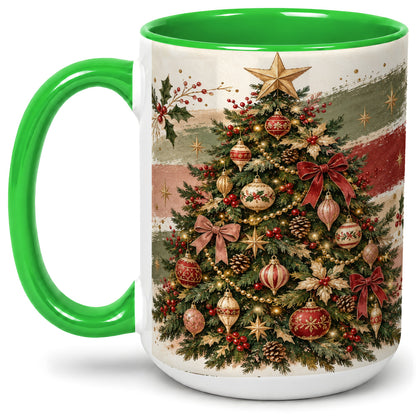 #pl[15oz|Green] Vintage Christmas Tree Accent Mug, Ceramic Rustic Holiday Cup