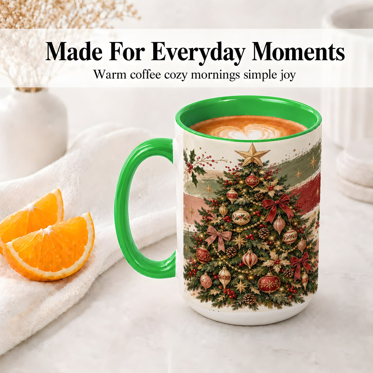 #pl[15oz|Green] Vintage Christmas Tree Accent Mug, Ceramic Rustic Holiday Cup