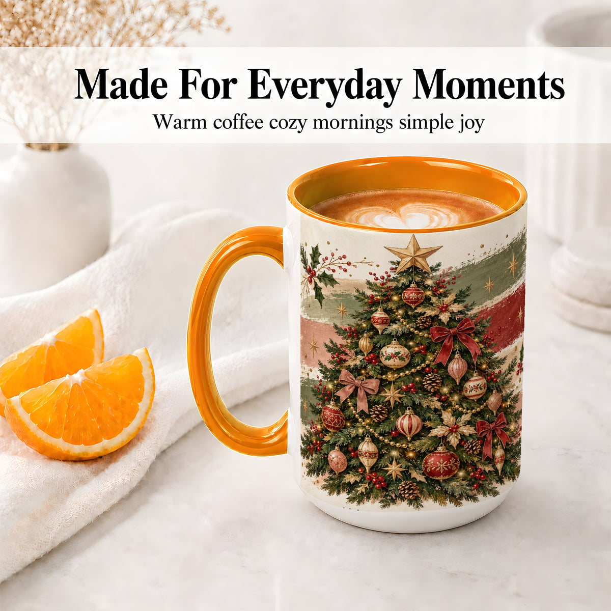 #pl[15oz|Orange] Vintage Christmas Tree Accent Mug, Ceramic Rustic Holiday Cup
