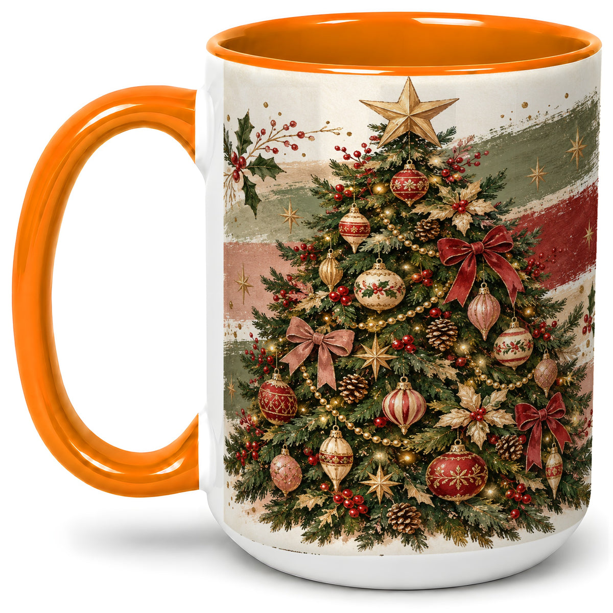 #pl[15oz|Orange] Vintage Christmas Tree Accent Mug, Ceramic Rustic Holiday Cup