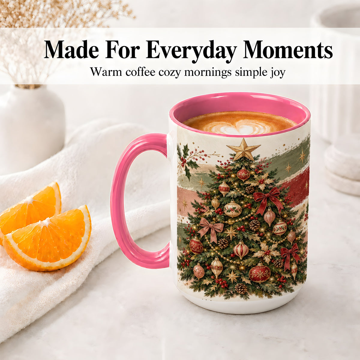#pl[15oz|Pink] Vintage Christmas Tree Accent Mug, Ceramic Rustic Holiday Cup