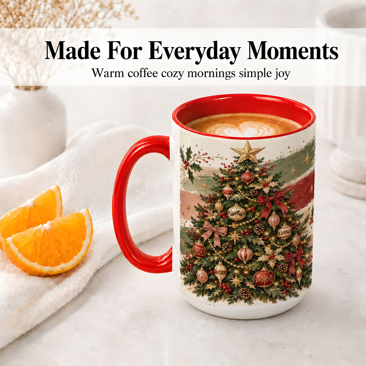#pl[15oz|Red] Vintage Christmas Tree Accent Mug, Ceramic Rustic Holiday Cup