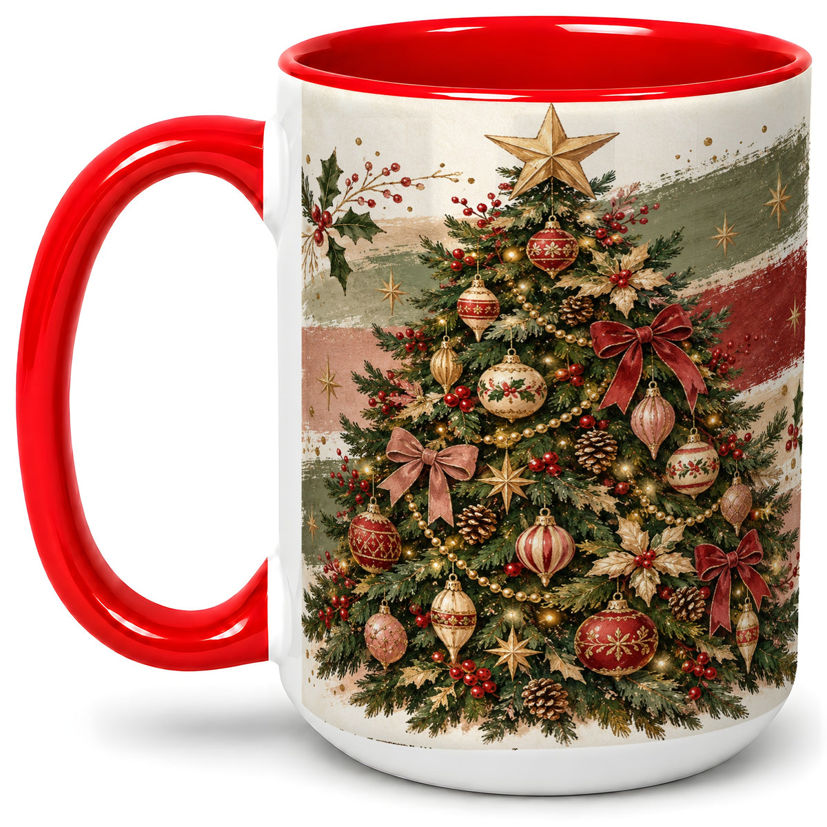 #pl[15oz|Red] Vintage Christmas Tree Accent Mug, Ceramic Rustic Holiday Cup