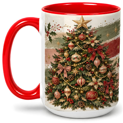#pl[15oz|Red] Vintage Christmas Tree Accent Mug, Ceramic Rustic Holiday Cup
