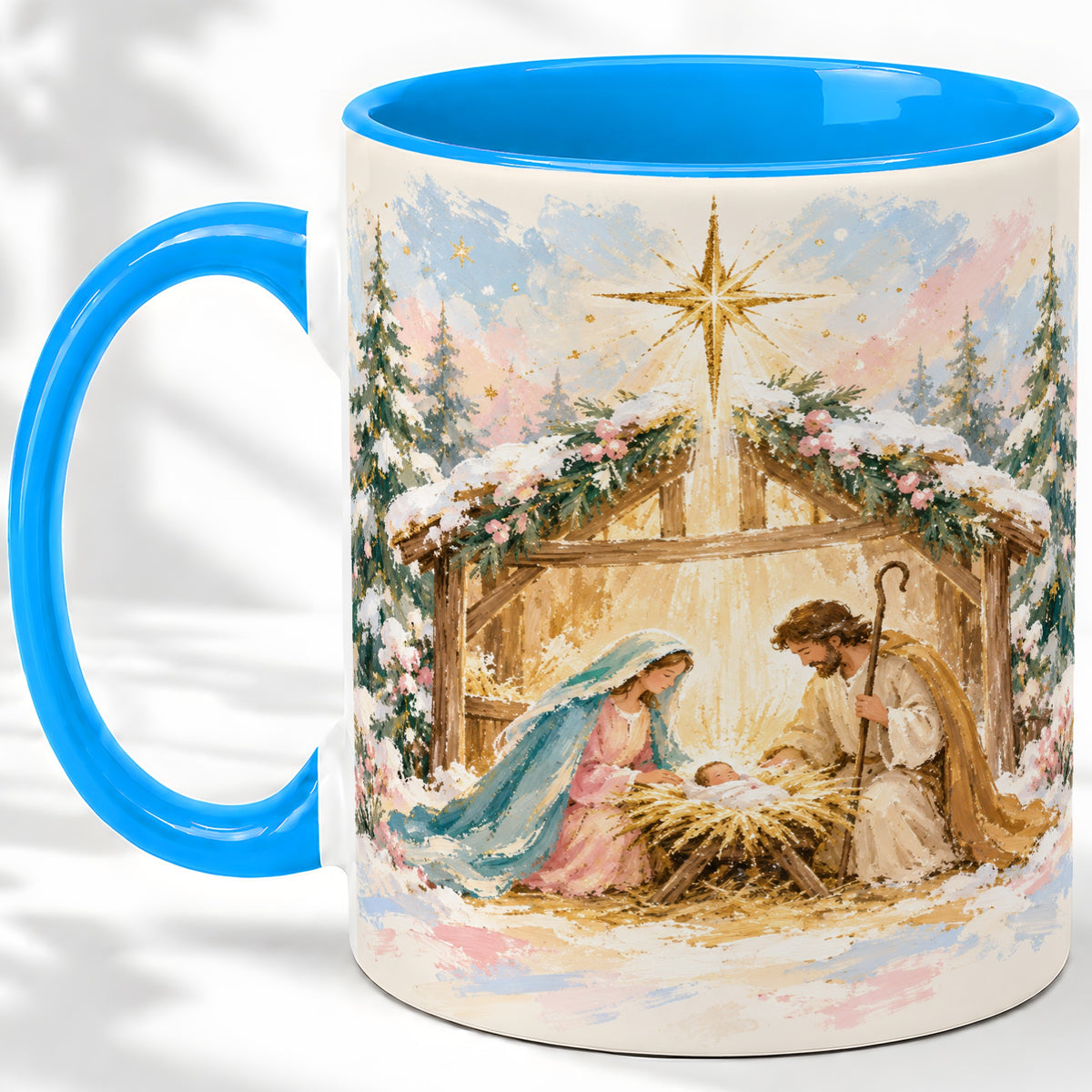 #pl[11oz|Blue] Christmas Nativity Scene Accent Mug, Ceramic Religious Coffee Cup