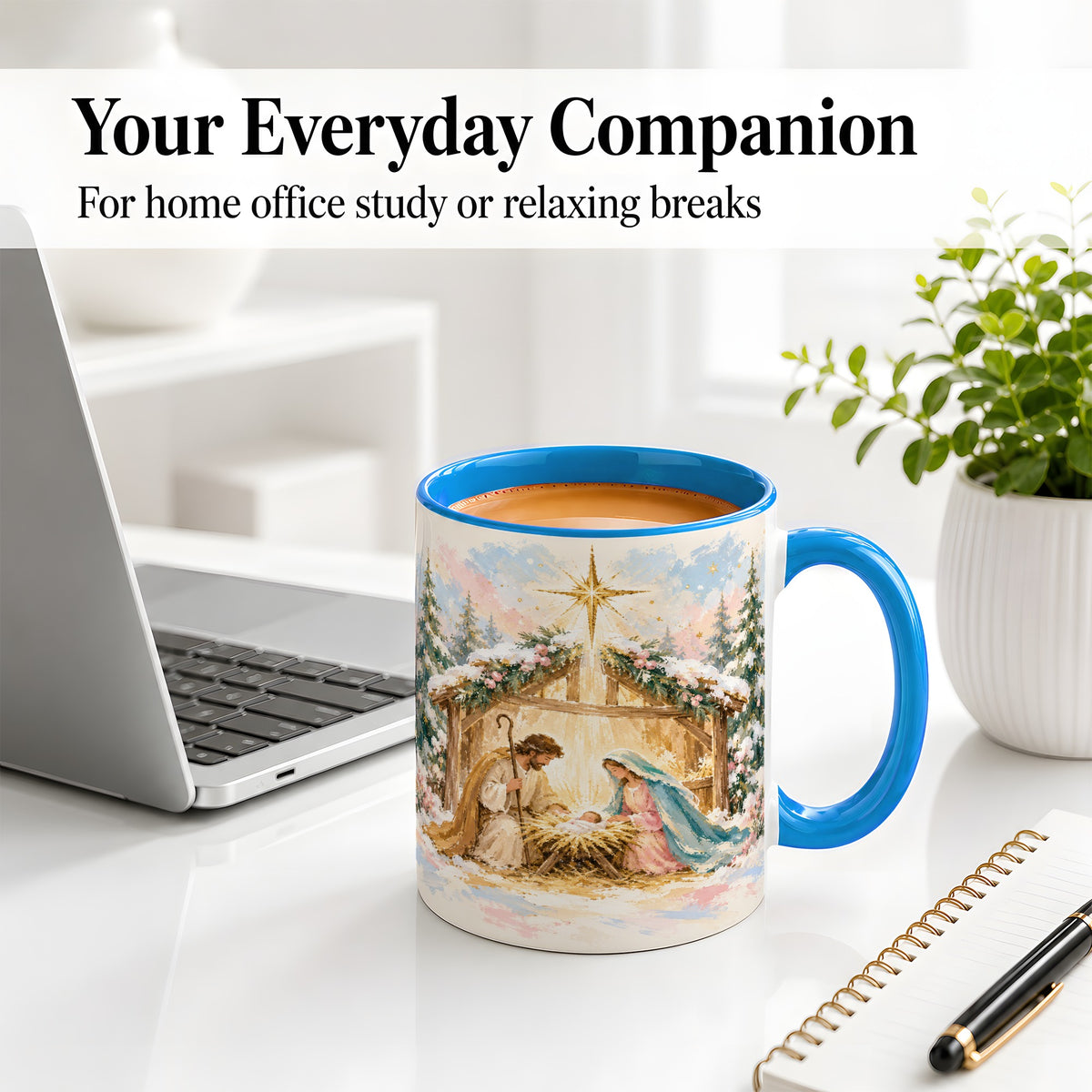 #pl[11oz|Blue] Christmas Nativity Scene Accent Mug, Ceramic Religious Coffee Cup
