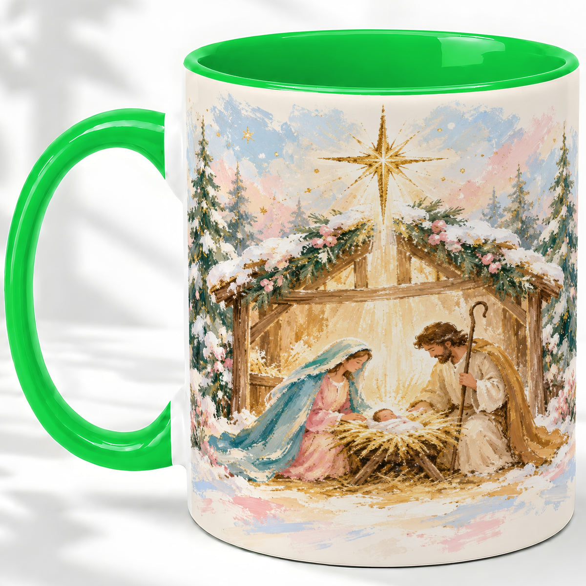 #pl[11oz|Green] Christmas Nativity Scene Accent Mug, Ceramic Religious Coffee Cup