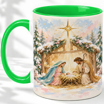 #pl[11oz|Green] Christmas Nativity Scene Accent Mug, Ceramic Religious Coffee Cup