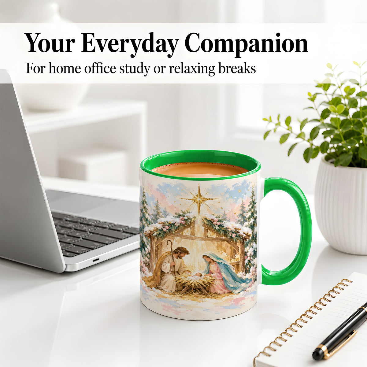 #pl[11oz|Green] Christmas Nativity Scene Accent Mug, Ceramic Religious Coffee Cup
