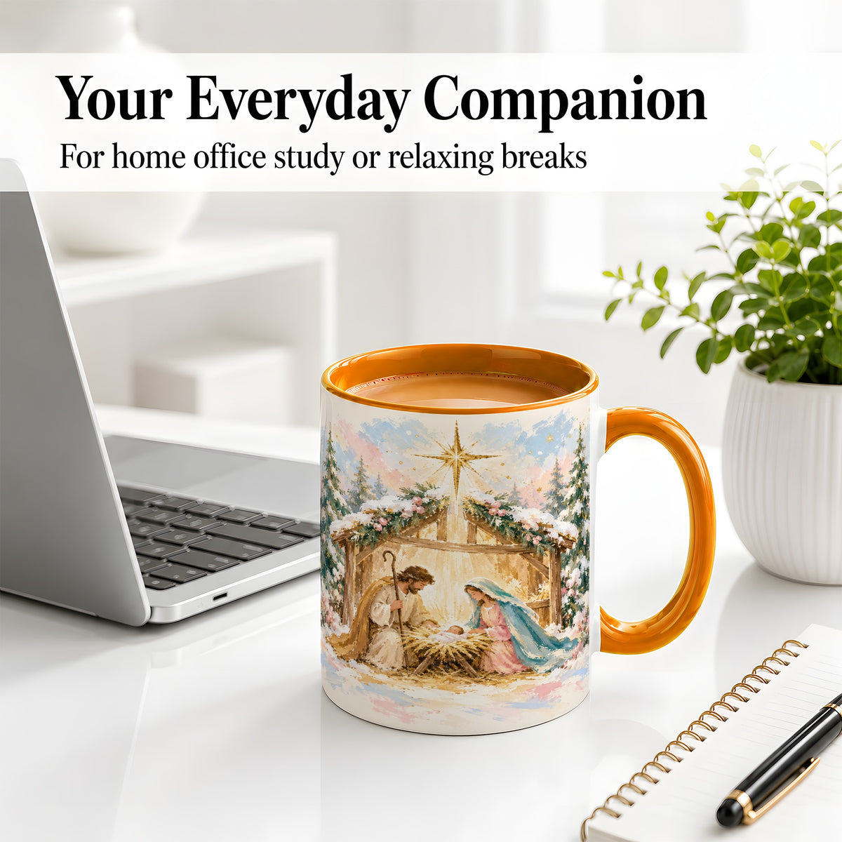 #pl[11oz|Orange] Christmas Nativity Scene Accent Mug, Ceramic Religious Coffee Cup