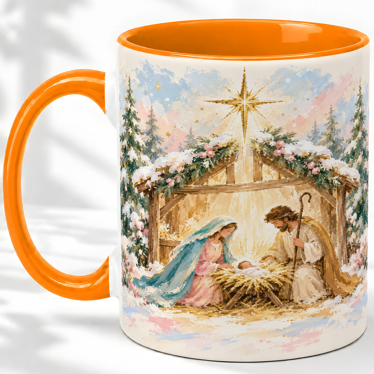 #pl[11oz|Orange] Christmas Nativity Scene Accent Mug, Ceramic Religious Coffee Cup