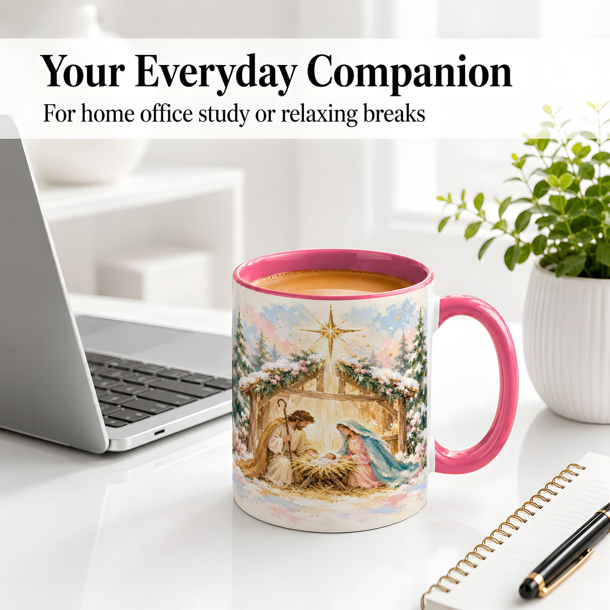 #pl[11oz|Pink] Christmas Nativity Scene Accent Mug, Ceramic Religious Coffee Cup