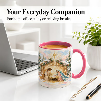 #pl[11oz|Pink] Christmas Nativity Scene Accent Mug, Ceramic Religious Coffee Cup