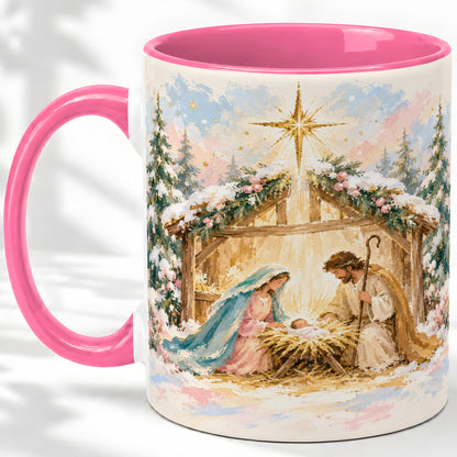 #pl[11oz|Pink] Christmas Nativity Scene Accent Mug, Ceramic Religious Coffee Cup