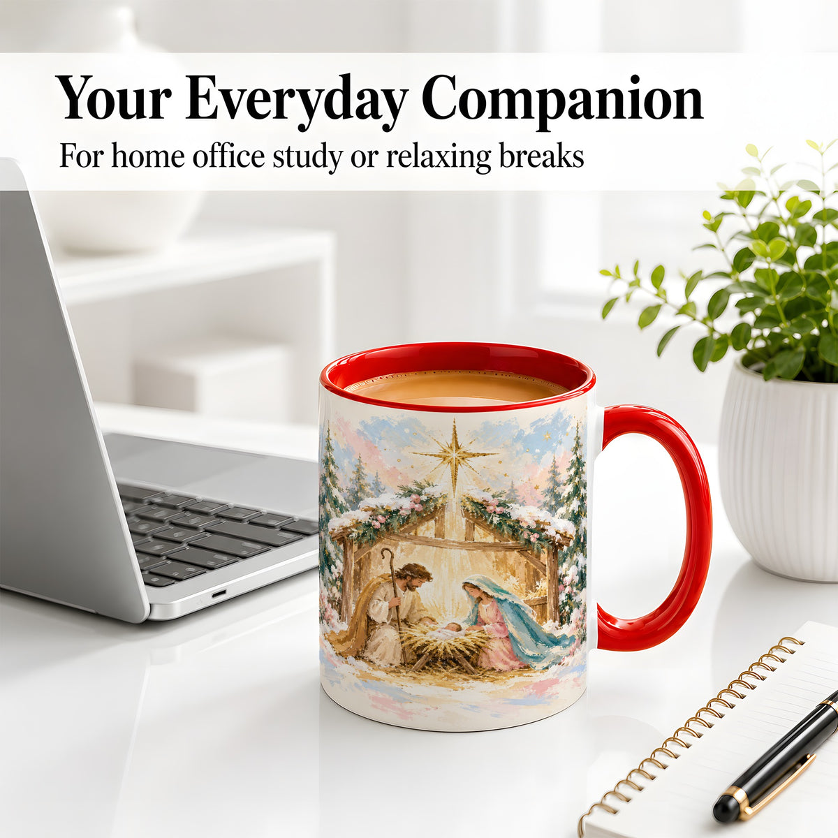#pl[11oz|Red] Christmas Nativity Scene Accent Mug, Ceramic Religious Coffee Cup