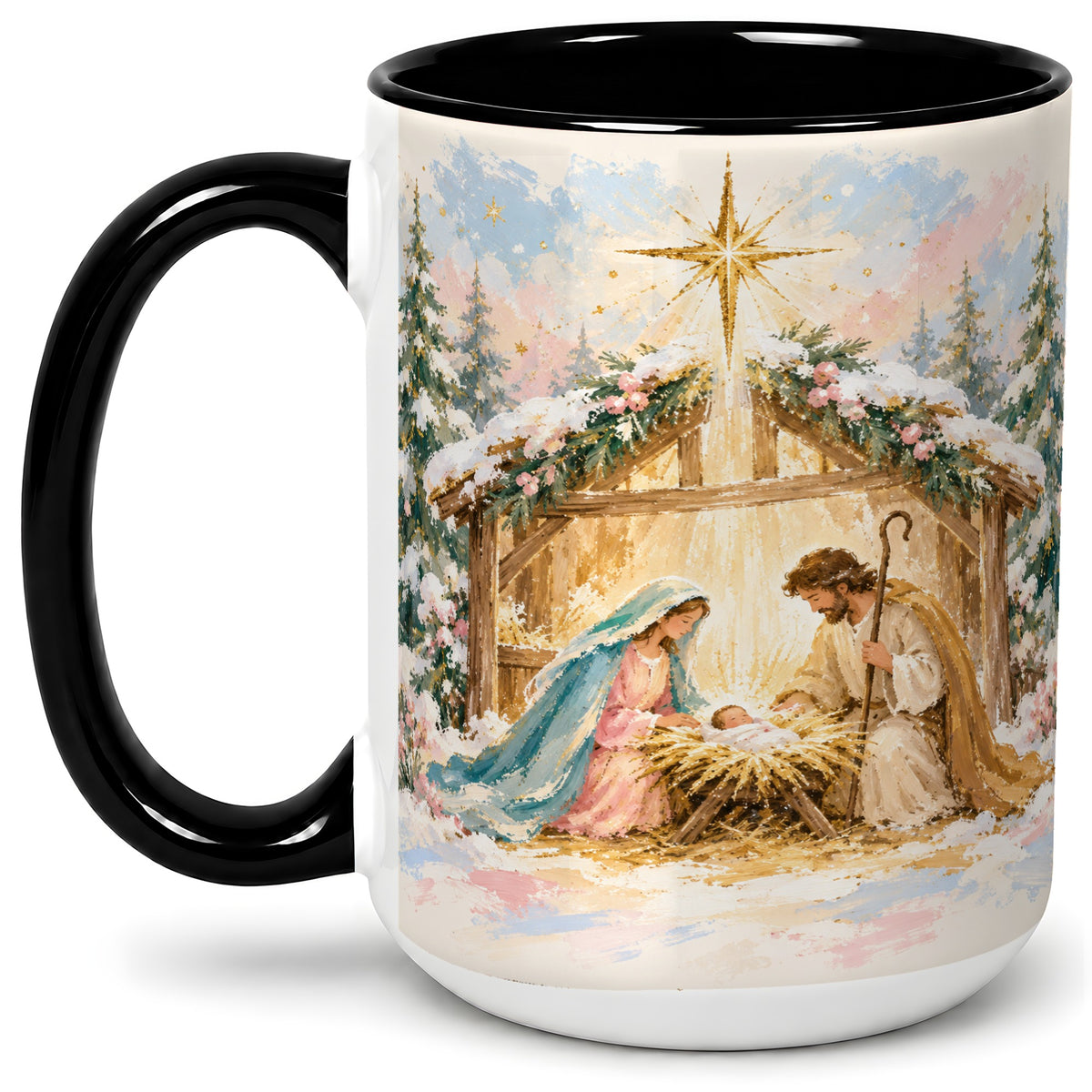 #pl[15oz|Black] Christmas Nativity Scene Accent Mug, Ceramic Religious Coffee Cup