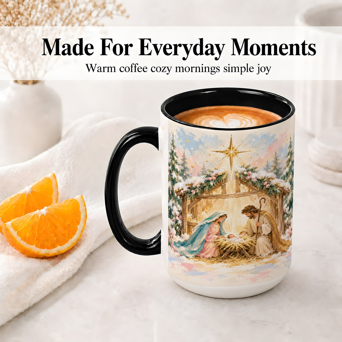 #pl[15oz|Black] Christmas Nativity Scene Accent Mug, Ceramic Religious Coffee Cup