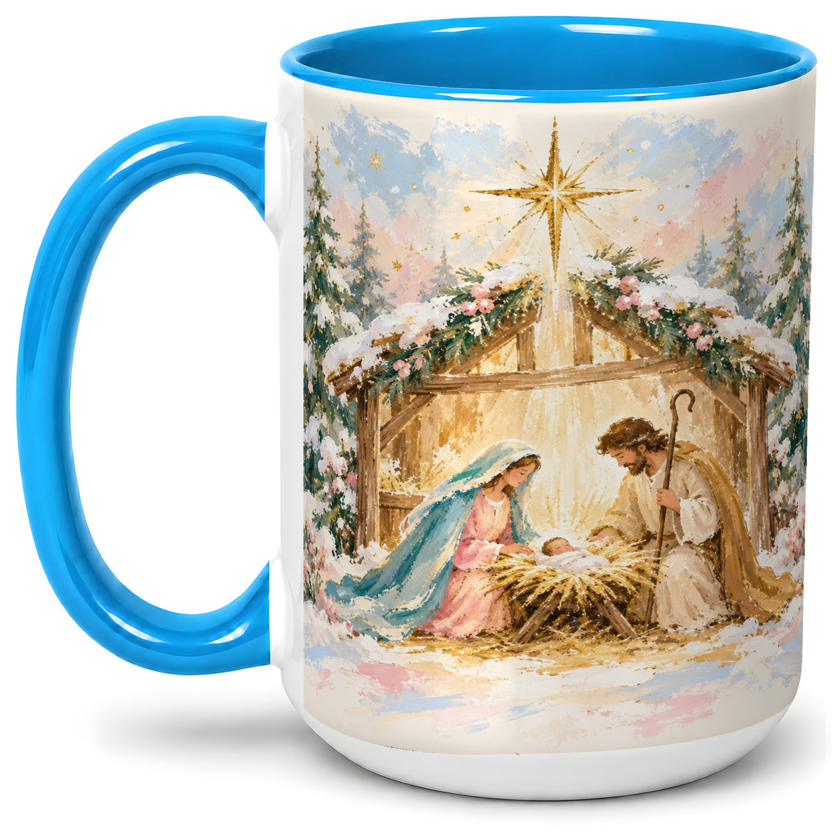 #pl[15oz|Blue] Christmas Nativity Scene Accent Mug, Ceramic Religious Coffee Cup